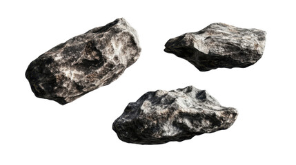 Three Irregular Black Rocks with Rough Texture on Transparent Background