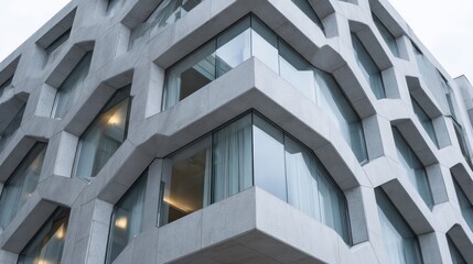Hexagonal fa??A section ade office building with recessed balconies overcast soft light creating minimal contrast accurate material subtle reflection in