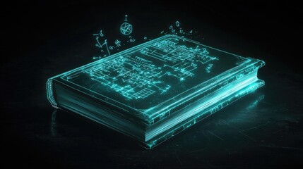 A glowing book with mathematical equations and symbols floating around it, on a dark background, symbolizing the power of knowledge. Realistic photography style.