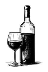 red wine bottle and glass sketch vector illustration