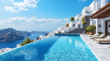 luxury swimming pool in santorini. 3d rendering
