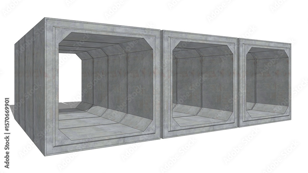 Fototapete 3D isometric image of three 200cm x 200cm x 120cm gray concrete box culverts extending into the distance, set against a white set, defining precast drainage components ready for technical installation