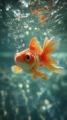 Golden pet goldfish swimming underwater in a vibrant tropical aquarium