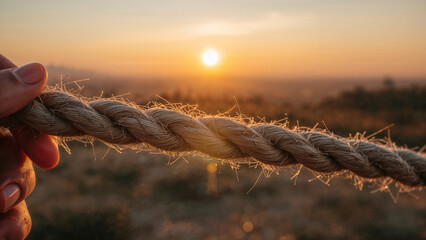 Hand holding thick rope against golden sunset braided