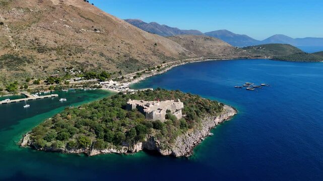 Aerial drone video over the Castle of Porto Palermo in Albania.	