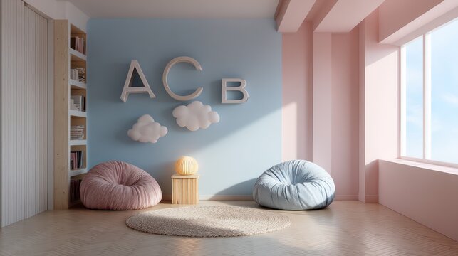 Children room in pink and sky blue, playful nightstand lamp casting warm circle light onto patterned rug, wall-mounted