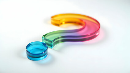 Naklejka premium Question icon A rainbow gradient acrylic question mark laying flat on a clean white surface, (7)