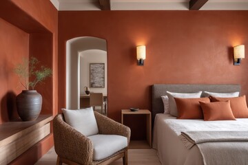 Guest room in terracottand antique white, warm wall sconce lighting casting gentle elliptical shadows, fabric headboard with weave