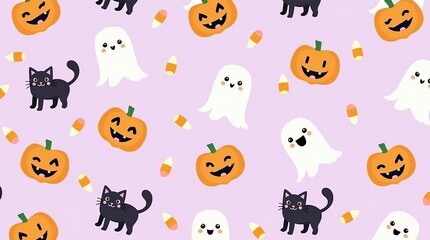 Obraz premium Cute Halloween Seamless Pattern – Pastel Ghosts & Pumpkins