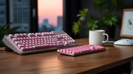  A cozy desk setup with a pink mechanical keyboard and matching mouse