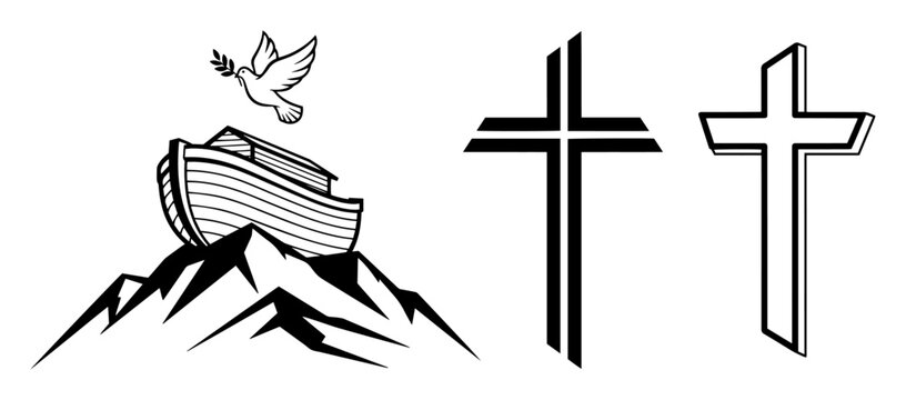 christian symbols noahs ark and cross icon set vector