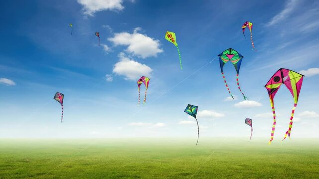 Colorful kites flying in blue sky over green field