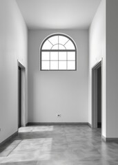 Fototapeta premium Interior of a contemporary apartment with a window a gray floor and a door to the subsequent room wall mockup with a blank copy space but no individuals generative ai Empty room interior design 