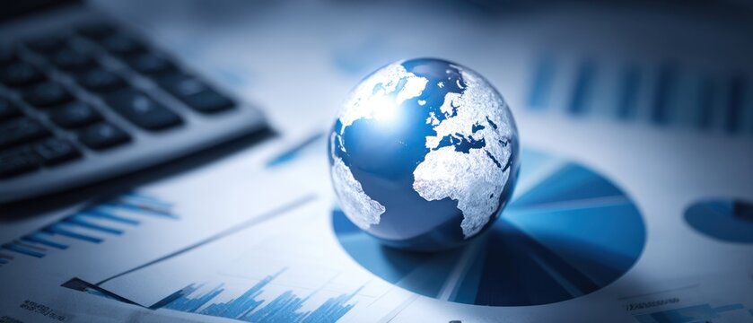 The globe representing global business trends and analytics in a modern workspace.