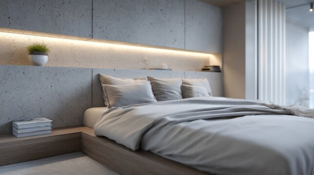 Minimalist bedroom in dune beige and storm cloud gray, under-bed LED strip casting upward diffused glow, concrete bedside
