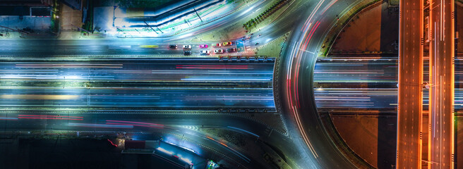 Aerial view of car traffic transportation above intersection road of Drone aerial view fly , high...