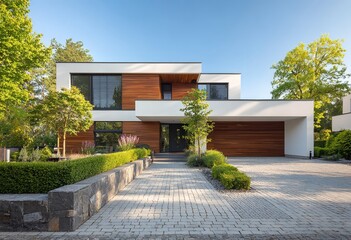 Inviting modern home with warm wood accents blending seamlessly into its verdant tree lined