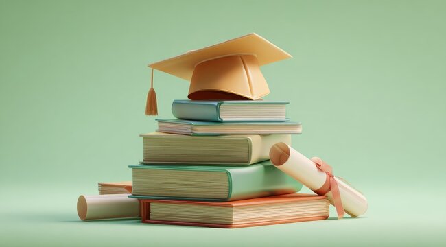 A graduation cap rests atop a stack of colorful books and two diplomas on a pale green background