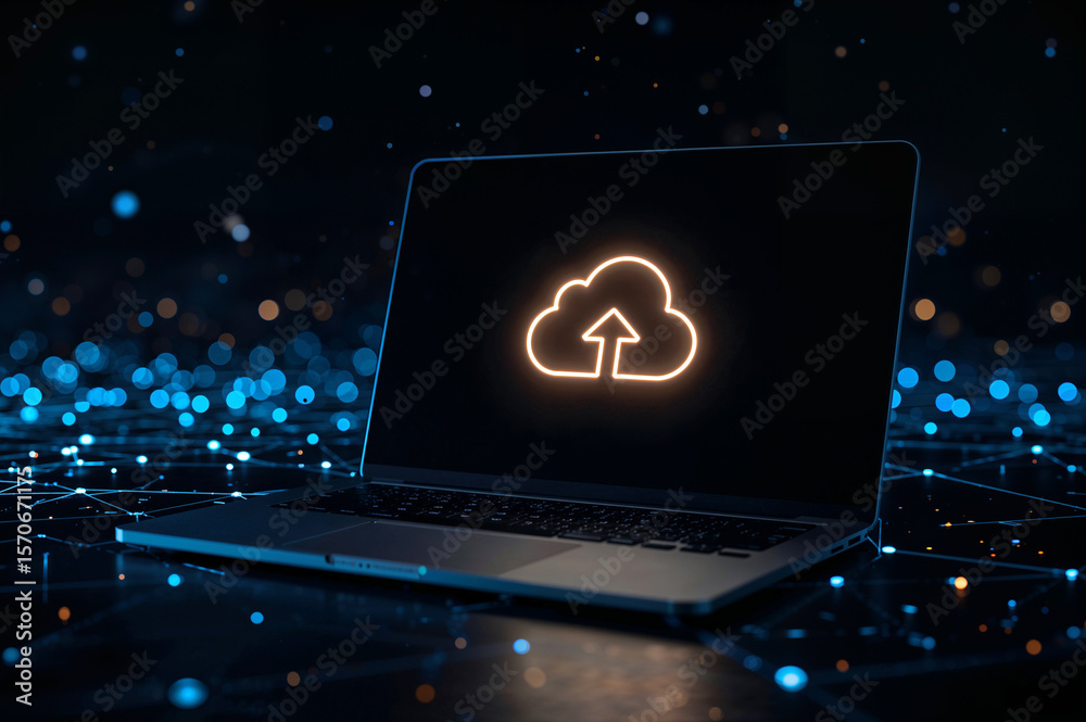 Wall mural laptop displaying glowing cloud upload icon with digital network background computer