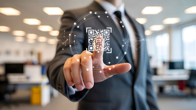 Businessman touching a futuristic digital qr code interface in a modern office
