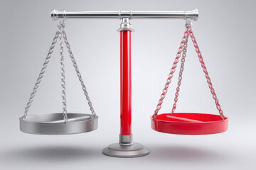 Balance scale in equilibrium shows fair comparison of tax and income reform. Red and silver weigh justice decision