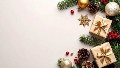 Festive gift arrangement with ornaments and pine holiday season decorative content cozy home environment top-down view celebration concept