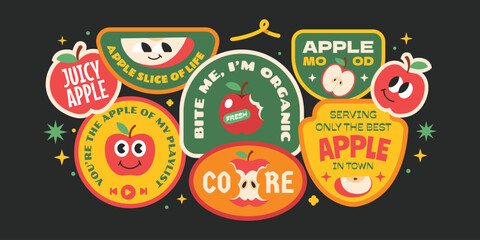Groovy apple sticker collection. Trendy seasonal fruits label, badges, patchs, logos with quotes.
