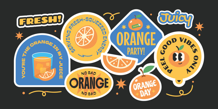 Naklejki Groovy orange sticker collection. Trendy seasonal fruits label, badges, patchs, logos with quotes.