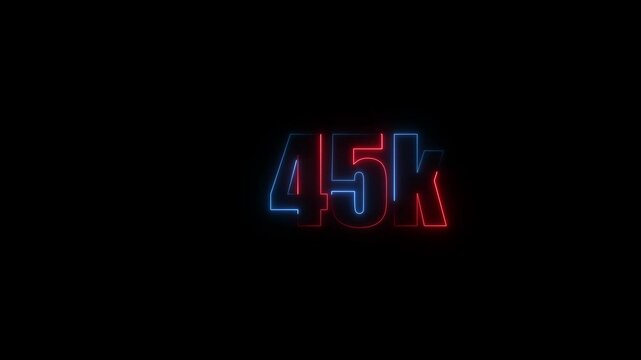Abstract Neon Light 45K Letter Icon Animation on black background 4K Video, Thank you for 45k followers online social banner happy celebration
