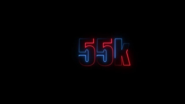 Abstract Neon Light 55K Letter Icon Animation on black background 4K Video ,Thank you for 55k followers online social banner happy celebration