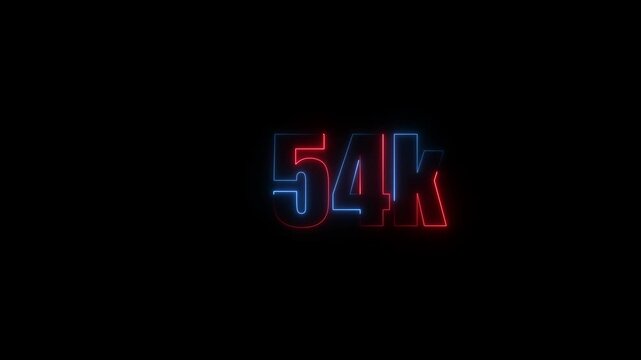Abstract Neon Light 54K Letter Icon Animation on black background 4K Video, Thank you for 54k followers online social banner happy celebration