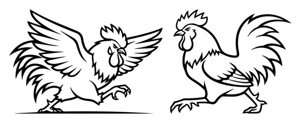 fighting rooster mascot vector line art set © Mago