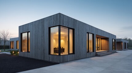 Minimal duplex with faceted fa??A section ade planes weathered timber cladding twilight shot with interior light spilling corner windows rich