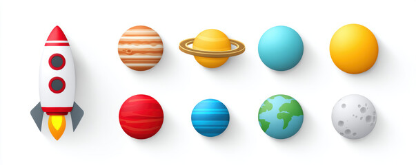 Whimsical solar system planet illustration stamp collection and rocket cutout for space adventure on white background