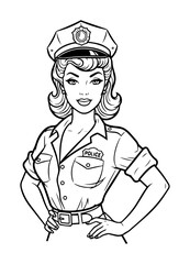 retro pinup police woman character vector outline