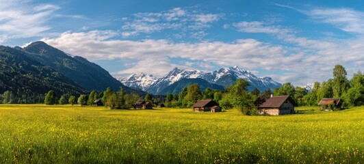 The breathtaking landscape of meadows and snow-capped mountains in summer.