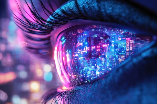 A cybernetic eye reflecting a neon cityscape, ultra-detailed textures, soft blue and purple neon hues