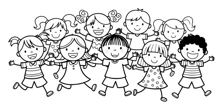 happy kids group holding hands cartoon vector outline