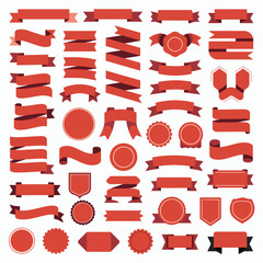 Collection of Red and Maroon Ribbons Banners Labels and Seals Design Elements for Branding and Decoration Various Shapes and Styles Flat Vector Illustration