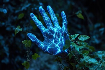 A hand made of leaves and vines, reaching out as if alive, glowing with bioluminescent energy
