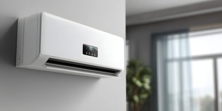 Modern mini split heat pump air conditioning unit mounted on a white wall, with sleek design and digital display, indoors, against a blurred background.
