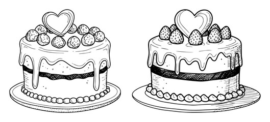 two cakes with hearts and strawberries
