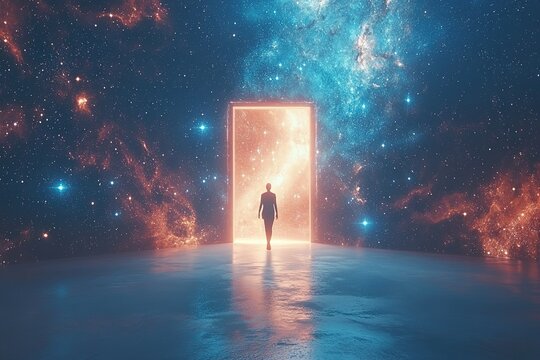 A person walking through a door that leads into the universe, endless stars and galaxies in the background, ethereal glow