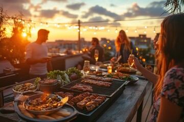 A stylish rooftop barbecue party at sunset, delicious grilled food on the table, fairy lights glowing, friends laughing