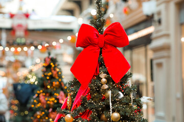 Beautiful Christmas background. Holiday toys on the Christmas tree. Concept of preparing...