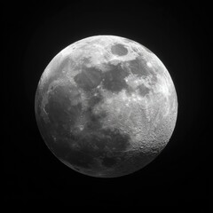 Fototapeta premium A high-resolution grayscale image showcasing the full lunar surface, detailed with craters and varied albedo, against a pitch-black backdrop