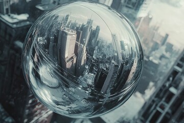 A transparent glass sphere reflecting a surreal cityscape, distorted perspectives, hyper-realistic refractions