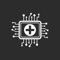AI Healthcare Chip icon in black and white background – Smart Medical Technology and Intelligence icon, vector illustration
