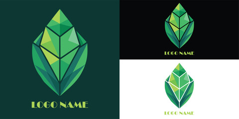 Vector illustration of a striking geometric green leaf logo design, presented in multiple formats for versatile branding applications