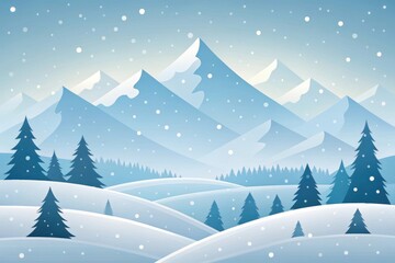 Serene winter mountain landscape with falling snow and evergreen trees